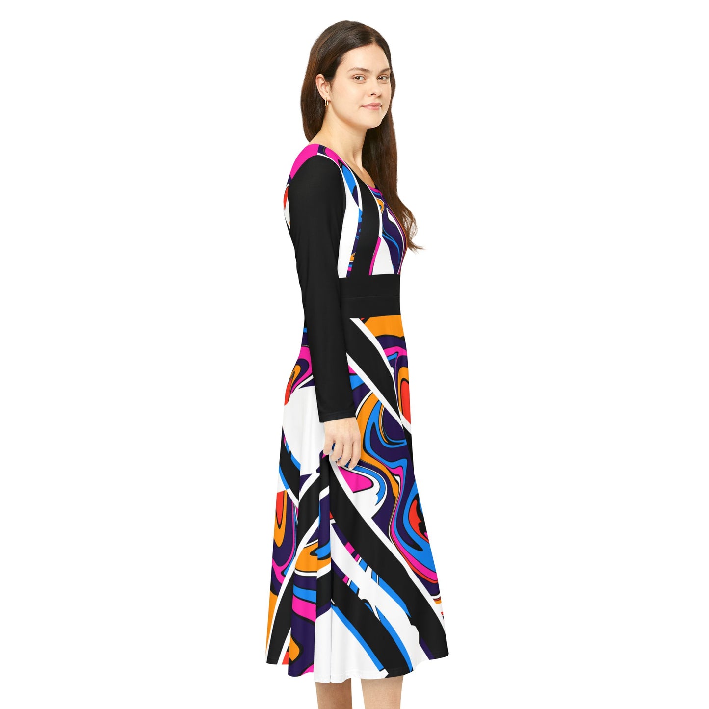 Vibrant Colorful Swirl print Long Sleeve Dance Dress